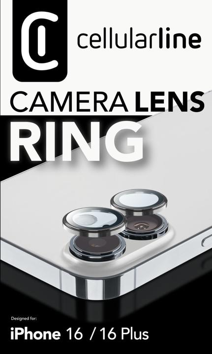Immagine prodotto Cellularline Camera Lens Ring - iPhone 16 / 16 Plus Vetro temperato per la protezione della fotocamera (1 Pezzo/i, Apple iPhone 16 Plus, Apple iPhone 16)