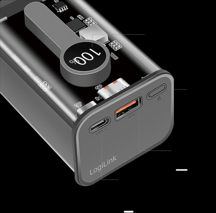 Produktbild LogiLink Powerbank 10000 mAh, 1x USB-A, 1x USB-C, mit Display, PD & QC, transp. (10000 mAh, 20 W, 37 Wh)
