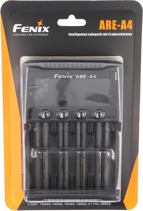 Fenix Rundzellen Ladegerät ARE A4 (1 Stk., 10340, 10350, 10440, 10500, 12500, 12650, 13500, 13650, 14500, 14650, 16340, 16650, 17500, 17650, 17670, 18350, 18490, 18500, 18650, 18700, 21700, 22650, 25500, 26500, 26650, Akku)