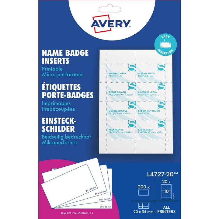 Actual product image Avery Inserts imprimables pour badges, 54 x 90 mm, blanc