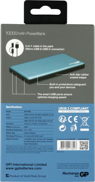 Image du produit GP Batteries Powerbank MP10MA 3A 10000mAh 3xUSB TypeC 130MP10MAMIDTEL (10000 mAh, 37 Wh)