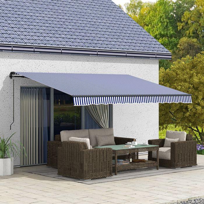 Image du produit Swisshandel24 Markise 4x3m Wandmontage mit Handkurbel, Sonnenschutz, Alu, Blau+Weiss (3.96 m)