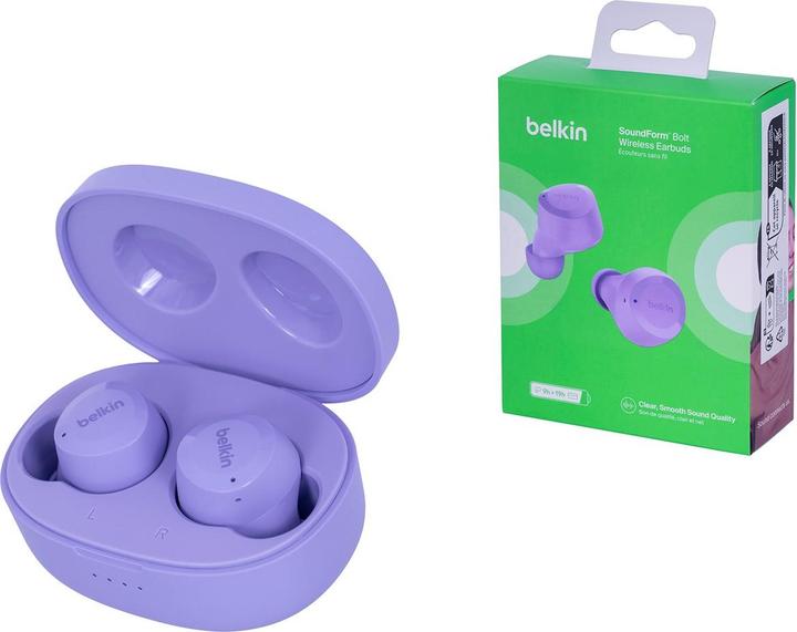 Actual product image Belkin wireless soundform bolt tws light purple (No noise cancelling, 38 h, Wireless)
