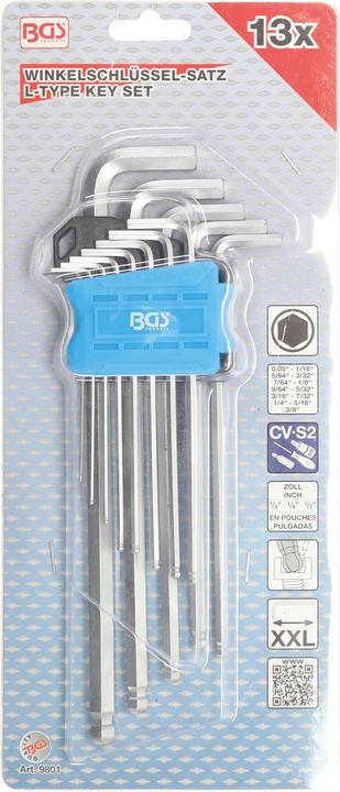 Produktbild BGS Winkelschlüssel-Satz, extra lang Zollgrössen Innensechskant mit Kugelkopf 0,05"-3/8" 13-tlg.