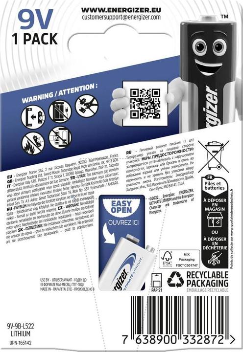 Produktbild Energizer L522 (1 Stk., 9V Block, 750 mAh)