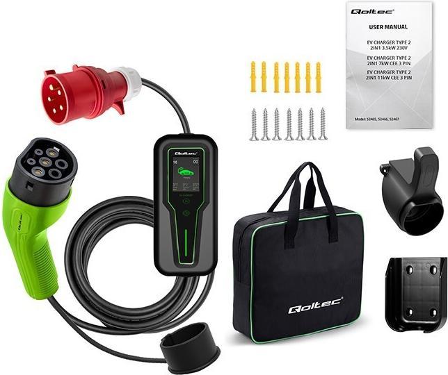 Produktbild Qoltec Mobilna ładowarka do samochodu elektrycznego EV z regulacją 2w1 Typ2 | 7kW | CEE 3 PIN | 230V (Typ 2, 7 kW, 32 A)