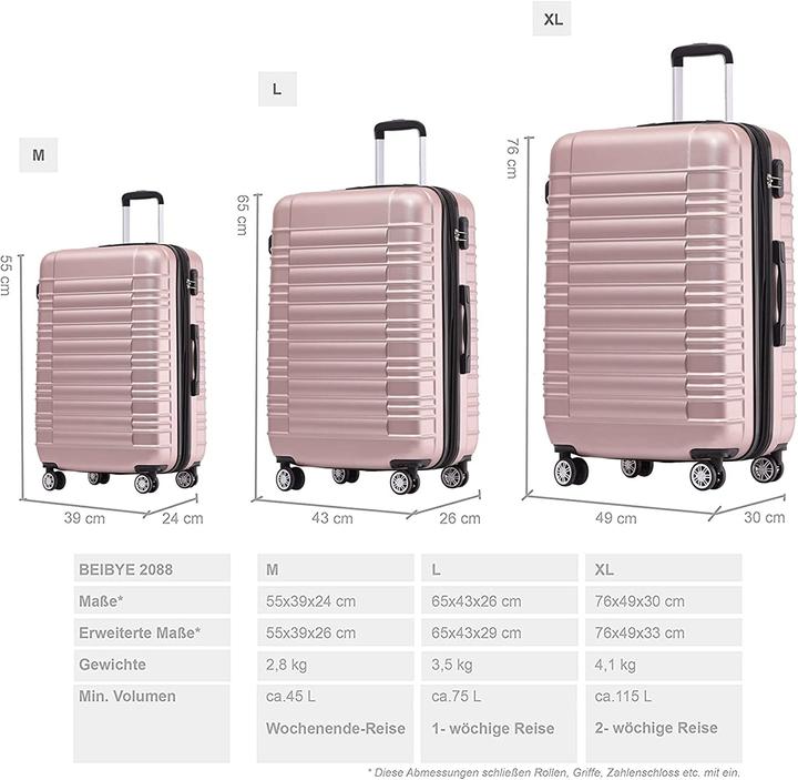 Image du produit Beibye Valise de voyage Rose Or Set (115 l, M (50 - 90l), L (90 - 115l), XL (à partir de 115l))