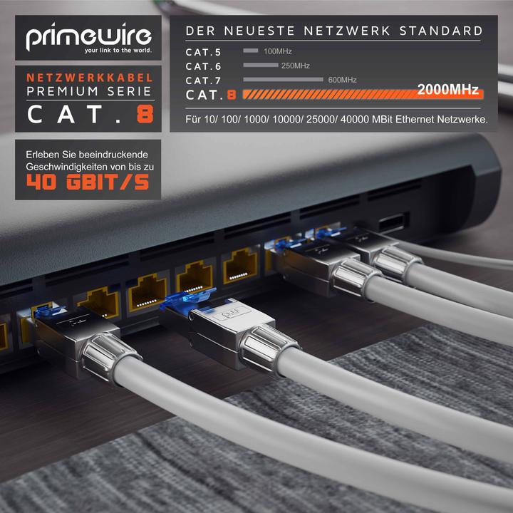 Produktbild Primewire LAN Kabel CAT.8, RJ-45, Netzwerkkabel CAT 8, Gigabit Ethernet 40 Gbit/s, S/FTP Pimf Patchkabel (S/FTP, CAT8.1, 15 m)