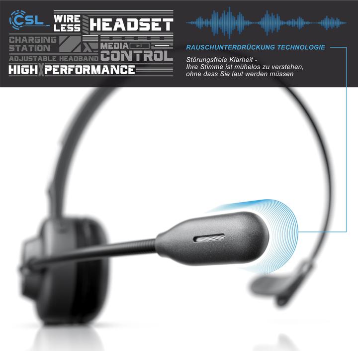 Produktbild CSL Kabelloses Headset, Wireless Mono Bluetooth Kopfhörer mit flexiblem Mikrofon, Ladestation,Multipoint (Kabellos)