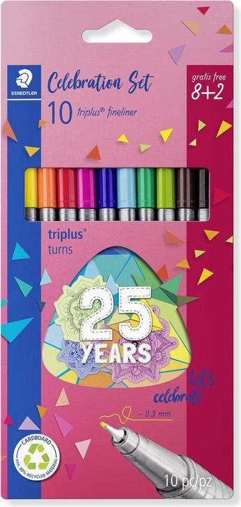 Produktbild Staedtler Fineliner triplus, 8 + 2 Celebration-Set Strichstärke: 0,3 mm, dreieckig, DRY SAFE, sortiert in gel (10 Farben, 10 x)