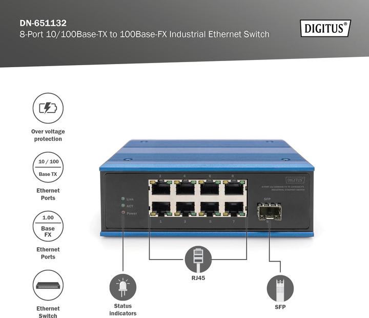 Image du produit Digitus Commutateur industriel Ethernet 8 ports 10/100BASE-TX + 1 port 100BASE-FX (8 Ports)