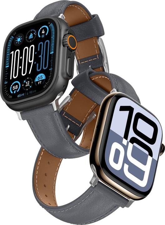 Image du produit Amazingthing Class Band Lederarmband für Apple Watch 45 / 46 / 49 mm - Grau (Acier inoxydable, Cuir pleine fleur)