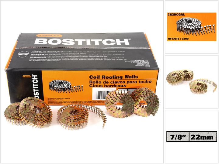 Bostitch CR2DCGAL Clou galvanisé pour toiture 3.05-22 GAL8 7.2M 7/8" / 22 mm lisse - 7200 pièces (7200 pièce(s), 22 mm)