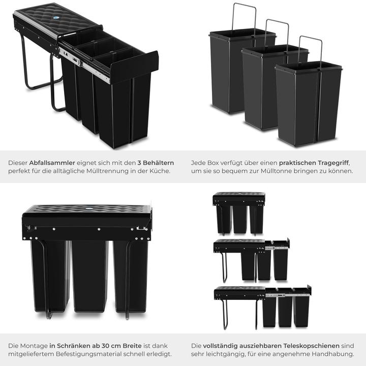 Image du produit tectake Abfallsammler Ashlyn, 3-fach Trennung, 30L, Teleskopschienen (30 l)