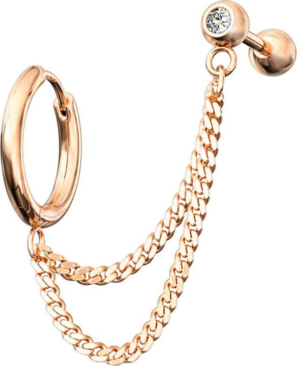 Star Piercing Ohrring rosegold Doppelkette Micro Barbell mit Kugel und Kristall (Chrirugenstahl 316L)