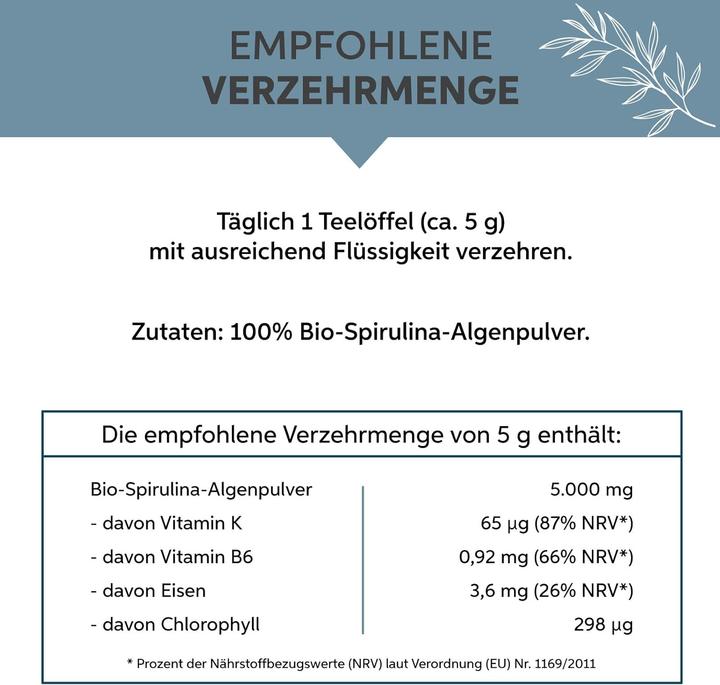 Valeurs nutritives et ingrédients Eltabia Poudre de spiruline bio | Qualité crudité premium (Poudre, 100 g)