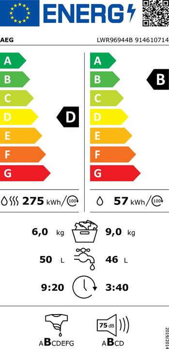 Energie-Label AEG Waschmaschine mit Trocknungsfunktion LWR96944B