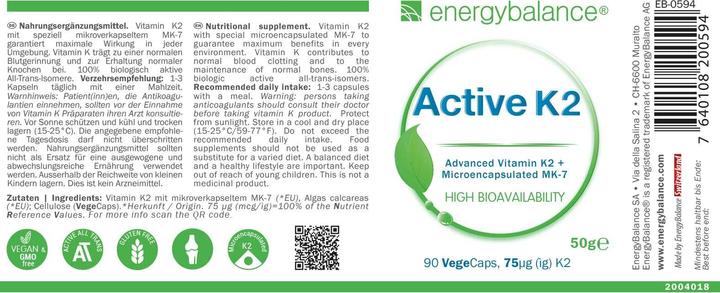 Nutritional values and ingredients Energybalance Active K2 Vitamin MK-7 (90 Piece, Capsules, 50 g)