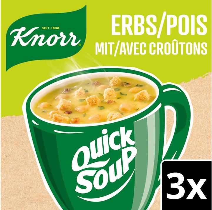 Produktbild Knorr Quick Soup Erbs mit Croûtons, mild-sämige Gemüse Suppe mit Erbsen & Brotstückchen Croutons