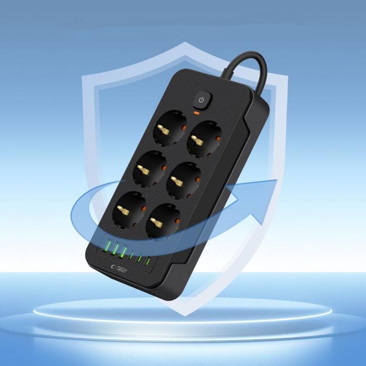 Actual product image Tech-Protect PC6X6 Power Strip 6 Sockets 240V + 3xUSB-A + 3xUSB-C 200cm - Black (3 x, USB-C, USB-A, 2 m)