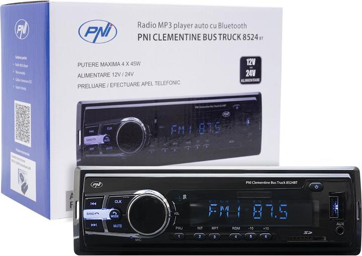 Actual product image PNI Car radio MP3 player Clementine Bus Truck 8524BT RDS 4x45w 12V/24V 1 DIN with SD, USB, AUX, RCA