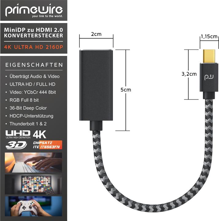 Immagine prodotto Primewire Adattatore da Mini Displayport a Hdmi 2.0 4K, cavo Mini DP, adattatore mDP, 4K@60Hz, Thunderbolt (0.15 m, HDMI)