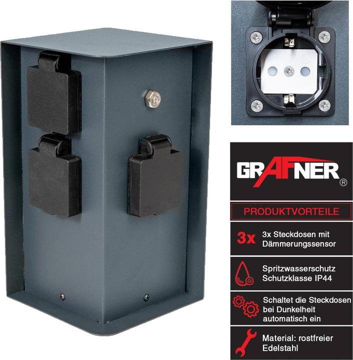 Produktbild Grafner Steckdosensäule anthrazit mit Dämmerungssensor Edelstahl Gartensteckdose Energiesäule AS109
