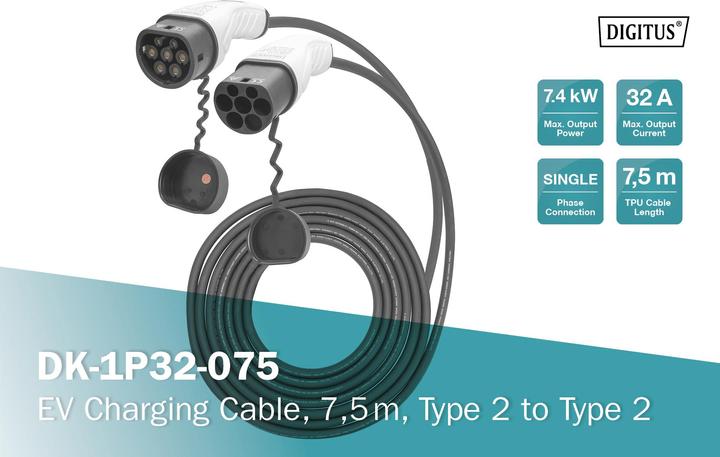 Actual product image Digitus Single phase 32A - Type 2 to Type 2 charging cable (Type 2, 7.40 kW, 32 A, 7.50 m)