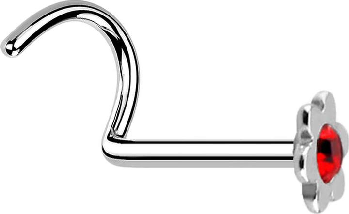 Star Piercing Nasenstecker gebogen silber mit Blume und Kristall rot (ohne Messing, Chirurgenstahl 316L)