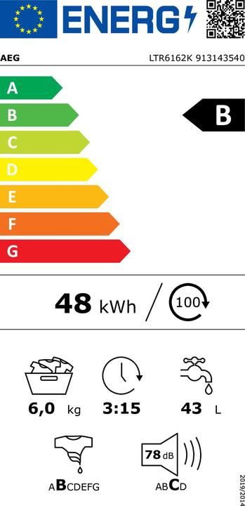 Energy Label AEG LTR6162K - Wasmachine - Energielabel B - 6 kg - 1200 toeren- Wit (913 143 540) (6 kg, Upwards)