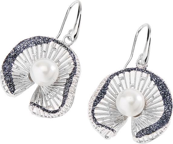 Ottaviani Rhodium-plated bronze earrings with black diamond and pearls