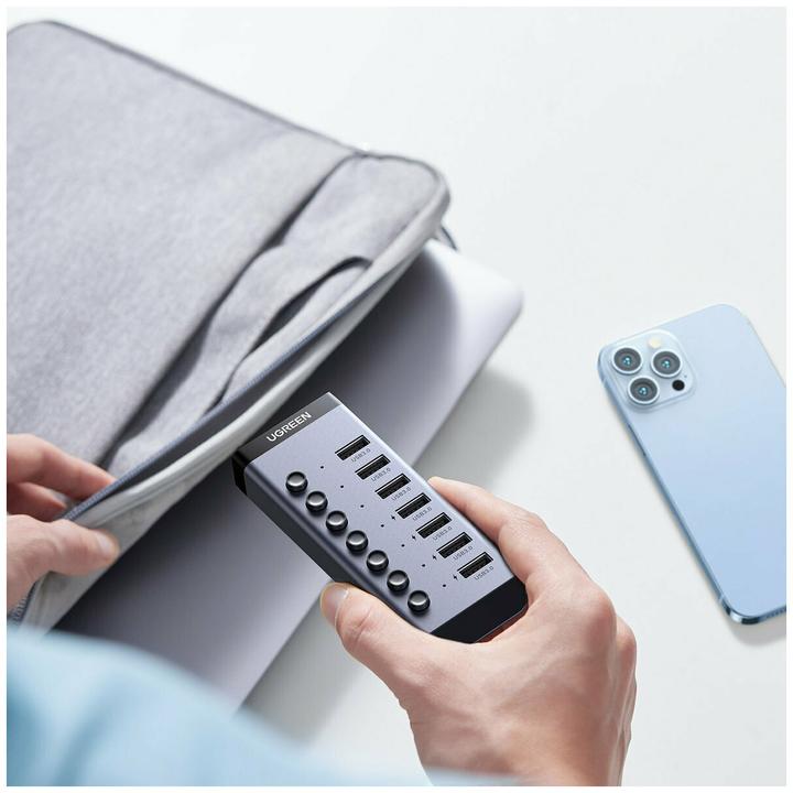 Productafbeelding Ugreen multifunctionele HUB 7in1 USB Type C - 7x USB Type A 3.0 PD DC 12V grijs (CM481) (USB-C, 8 Havens)