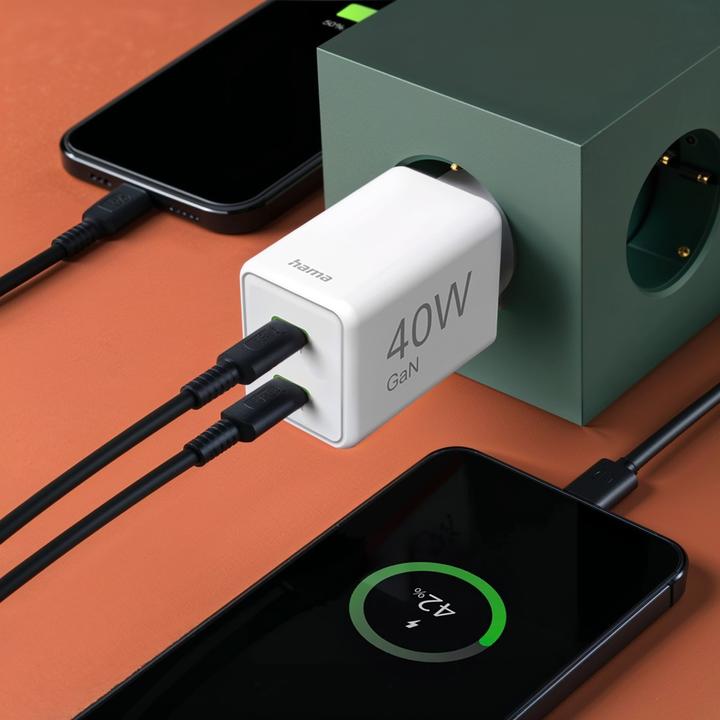 Produktbild Hama Schnellladegerät, GaN, 2x USB-C, Super-Mini-Ladegerät, PD, 40 W, Weiss (40 W)