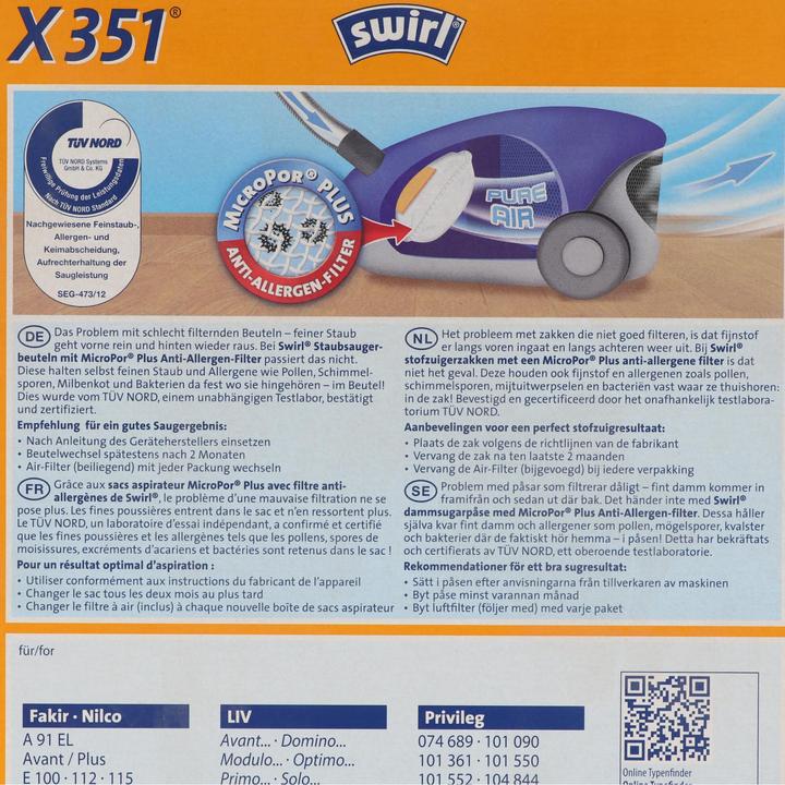 Produktbild Swirl Staubsaugerbeutel X351 (X350) MicroPor Plus für Hoover und LIV Staubsauger