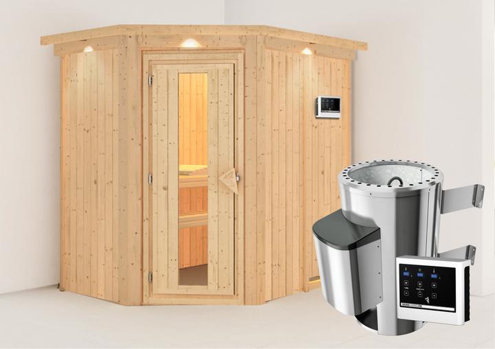 Actual product image Karibu Sauna Caspin corner entry, cornice (Plug & Play 3.6 KW external control)