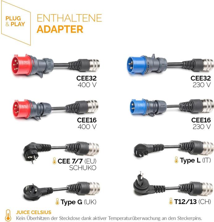Produktbild Juice Technology Juice Booster 2 EU Traveller Set (Typ 2, 22 kW, 32 A, CEE16 blau, CEE32 rot, CEE 7/7, CEE32 blau, CEI 23, CEE16 rot, Typ 13, BS 1363)