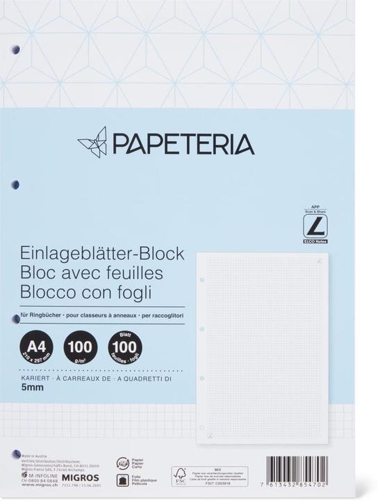 Papeteria Einlageblätter-Block (A4, Kariert)