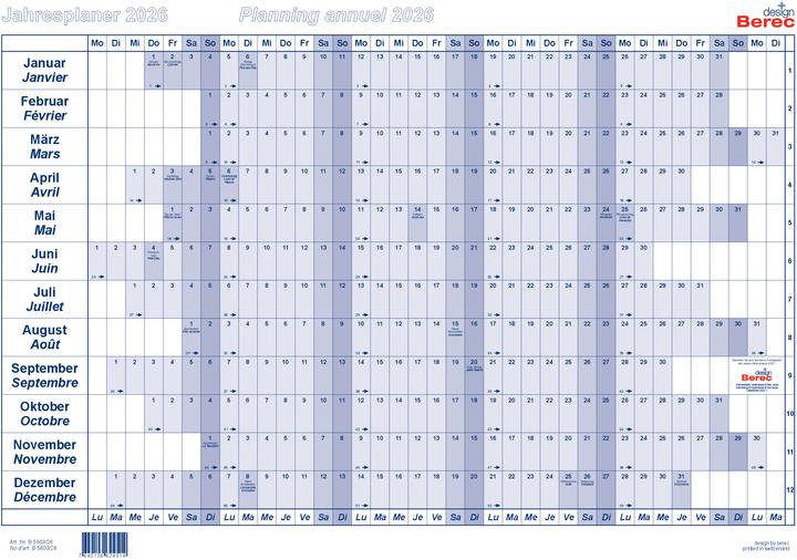 Berec Papierjahresplan A3 B 5603/20 2020, blau (Spezial, Deutsch, Französisch)