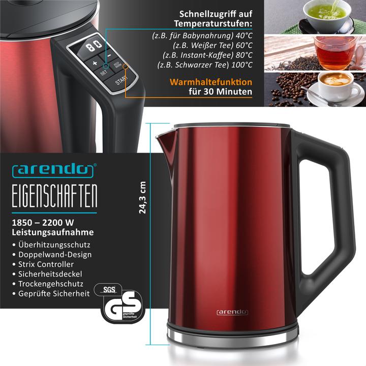 Actual product image Arendo Breakfast set, stainless steel kettle 1.5l temperature selection & 4-slice long slot toaster, red (1.50 l)