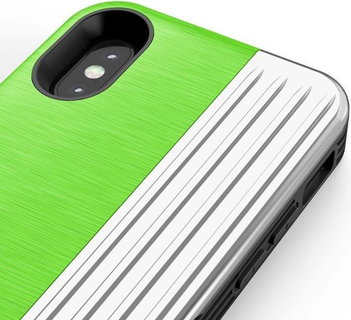 Produktbild Zizo Retro Series – iPhone Xs/X-Hülle mit Kartenfach + Ständer + 9H-Glasscheibe (Neongrün/Silber) (Apple iPhone XS)