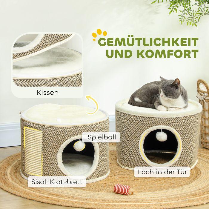 Produktbild Swisshandel24 Kratztonne 56 cm Hoch Katzentonne mit Höhle, aus Sisal, für Katze bis 5 kg (56 cm, Kaffee, Cremeweiss)