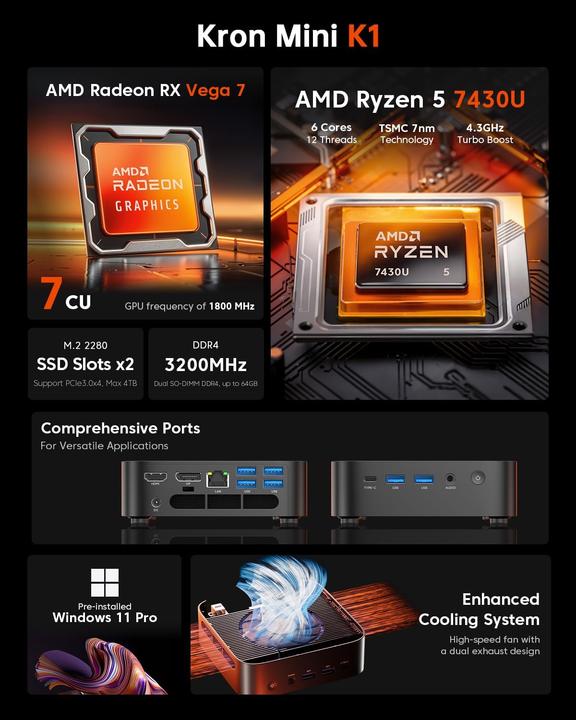 Immagine prodotto AceMagic Mini PC mit Ryzen 5, Windows 11 Pro, 4K Display (AMD Ryzen 5 7430U, 32 GB)