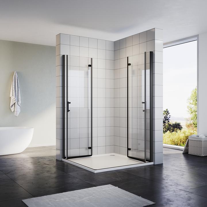 Produktbild SONNI Black Duschfalttür Eckeinstieg Duschkabine 100x100 cm Duschabtrennung Duschabtrennung Nano 6mm (100 cm, 100 cm, 195 cm)