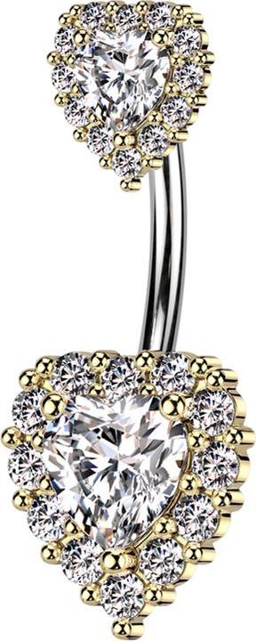 Star Piercing Banane vergoldet mit zwei Herzen Kristall silber (Messing, Chirurgenstahl 316L)