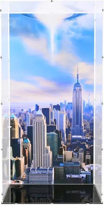 Produktbild iDisplayit Acryl-Display für LEGO® 76269 Avengers Tower (Mit Hintergrundmotiv und schwarzem Boden)