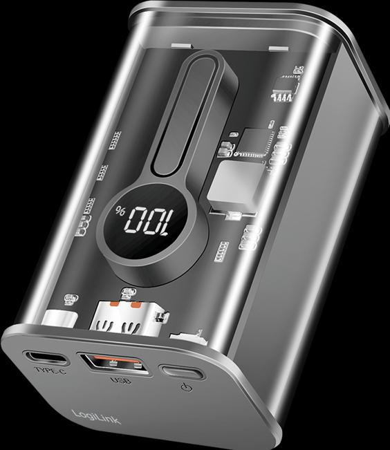 Produktbild LogiLink Powerbank 10000 mAh, 1x USB-A, 1x USB-C, mit Display, PD & QC, transp. (10000 mAh, 20 W, 37 Wh)