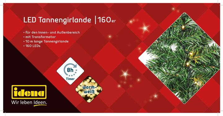Produktbild Idena 31854 LED Tannengirlande mit 160 LED warm weiss, mit 8 Stunden Timer Funktion, für Advent (10 m)