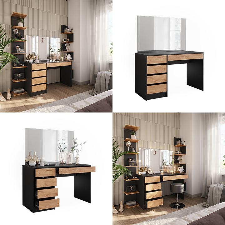 Actual product image Vicco Dressing table Sherry, Anthracite/golden oak, 120 x 75 cm with LED mirror and stool (120 x 75 x 55 cm)