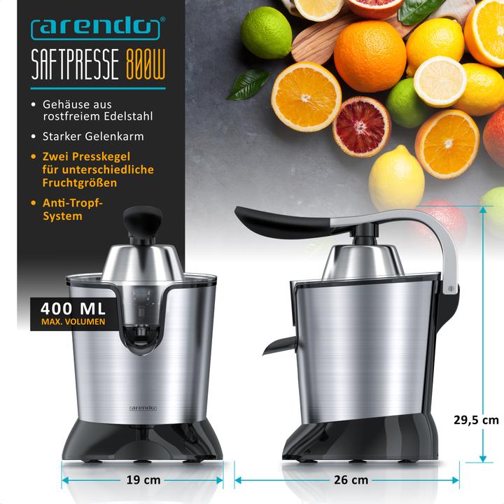 Produktbild Arendo Edelstahl Zitronenpresse, Orangenpresse Limettenpresse Entsafter, 0,4L Behälter, 2 Presskegel, 800W