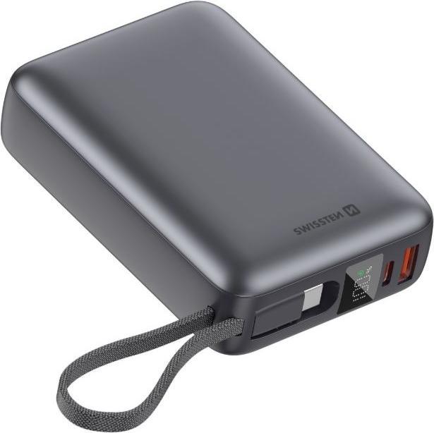 Swissten Power Bank 20000 Mah 45w with Built-In Cable USB-C Space Silver (20000 mAh, 45 W, 45 Wh)